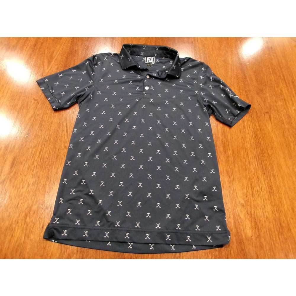 FootJoy Junior Golf Polo Shirt Navy Blue Crossed Clubs Print Boys L Valley Hill